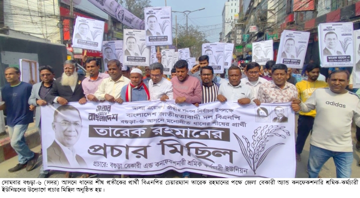 বগুড়া-৬ আসনে তারেক রহমানের পক্ষে বেকারি শ্রমিক ইউনিয়নের প্রচার মিছিল